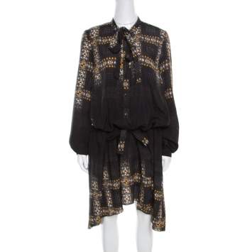 Pre Owned Just Cavalli Black Geometric Print Belted Long Sleeve Dress M