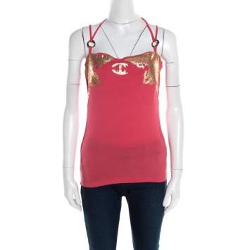 Pre Owned Just Cavalli Pink jersey Metallic Rubber Print Tank Top S
