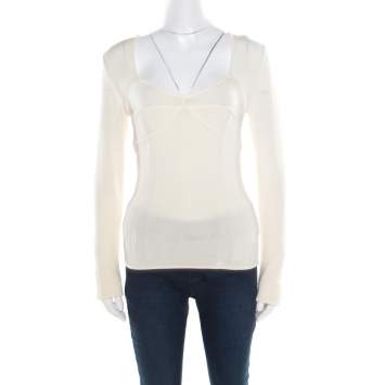 Pre Owned Just Cavalli Cream Rib Knit Long Sleeve Fitted Top M