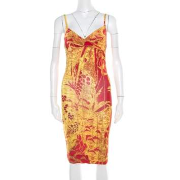 Pre Owned Just Cavalli Red and Yellow Printed Jersey Sleeveless Midi Dress S