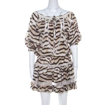 Pre Owned Just Cavalli Tiger Stripe Print Mesh Insert Smocked Waist Dress S