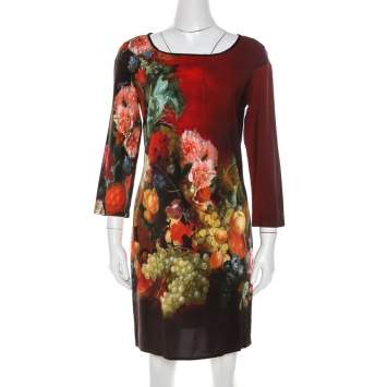 Pre Owned Just Cavalli Multicolor Floral and Fruit Print Stretch Crepe Dress S 