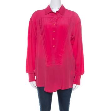 Pre Owned Just Cavalli Pink Silk Pleated Front Rolled Cuff Detail Blouse M 