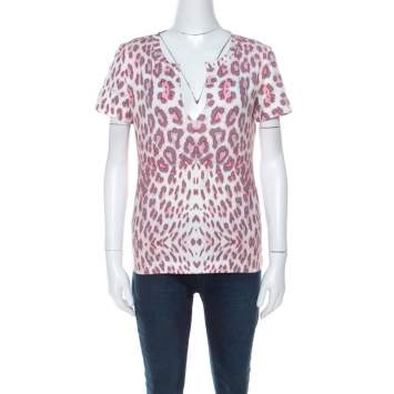 Pre Owned Just Cavalli Multicolor Leopard Print Slit Neck T-Shirt S