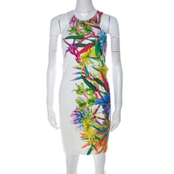 Pre Owned Just Cavalli Multicolor Digital Floral Print Jersey Cut Out Back Bodycon Dress S