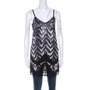 Pre Owned Just Cavalli Black & White Chevron Print Lace Trim Long Camisole Top S