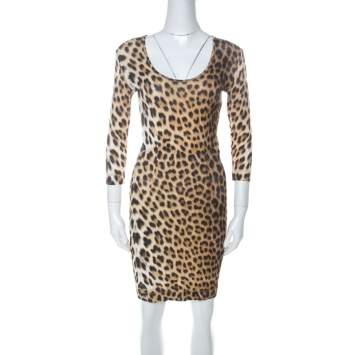 Pre Owned Just Cavalli Multicolor Leopard Print Fitted Three Quarter Sleeve Dress S