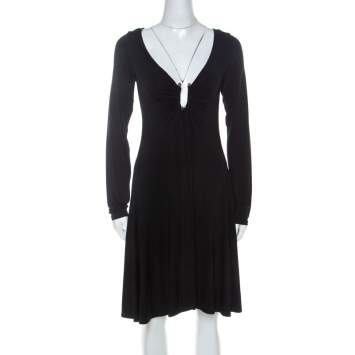 Pre Owned Just Cavalli Black Jersey U Front Metal Detail Flared Midi Dress L 