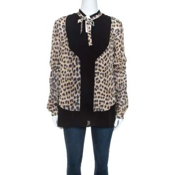 Pre Owned Just Cavalli Beige Leopard Print Silk Contrast Trim Detail Blouse S
