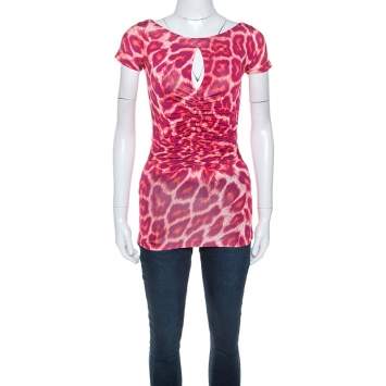 Pre Owned Just Cavalli Red Leopard Print Ruched Detail Top S