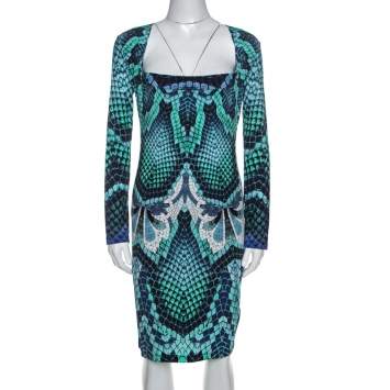 Pre Owned Just Cavalli Blue Snake Print Stretch Knit Long Sleeve Dress L