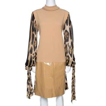 Pre Owned Just Cavalli Beige Crepe Paneled & Pleated Midi Dress M