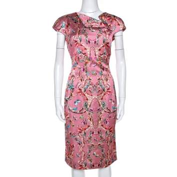 Pre Owned Just Cavalli Pink Baroque Print Satin Sheath Dress M