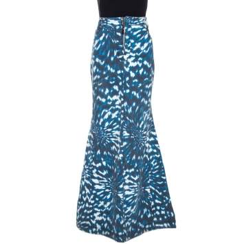 Pre Owned Just Cavalli Grey & Blue Abstract Print Denim Maxi Skirt L