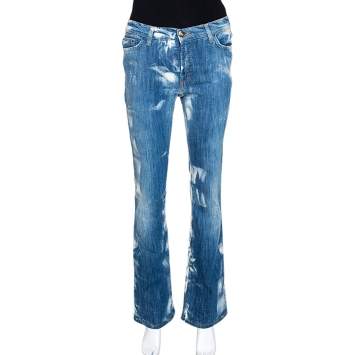 Pre Owned Just Cavalli Blue Acid Washed & Distressed Denim Straight Fit Jeans S