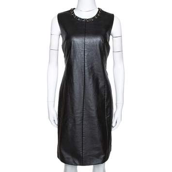 Pre Owned Just Cavalli Black Faux Leather Embellished Neck Dress L