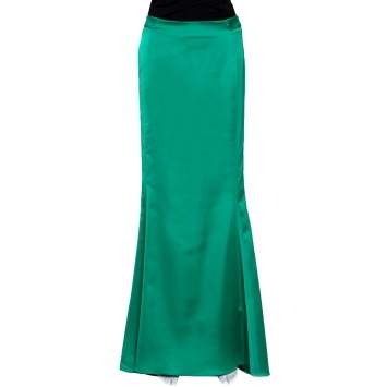 Pre Owned Just Cavalli Green Stretch Satin Flared Maxi Skirt S