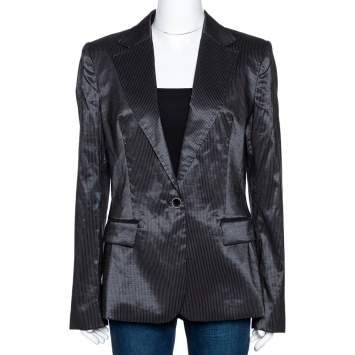 Pre Owned Just Cavalli Black Striped Cotton Ramie Blend Single Buttoned Blazer L