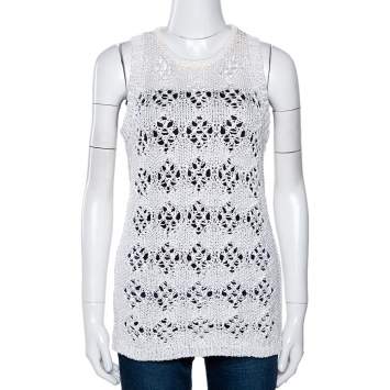 Pre Owned Just Cavalli White Cotton Open Crochet Knit Sleeveless Top M
