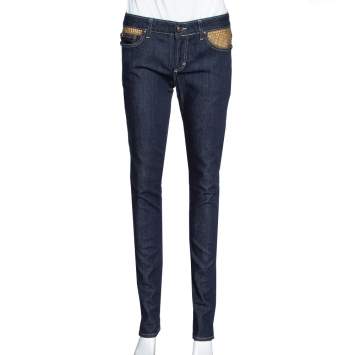 Pre Owned Just Cavalli Navy Blue Denim Embellished Pocket Detail Jeans S