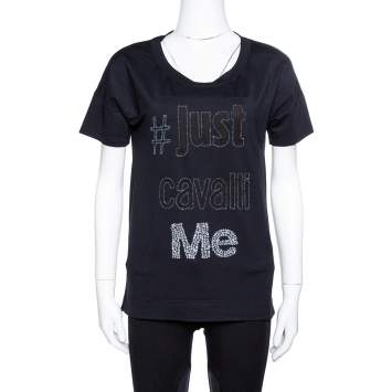 Pre Owned Just Cavalli Black Modal Mesh Logo Embellished T-Shirt XS