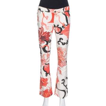 Pre Owned Just Cavalli Red Floral Print Cotton Flared Jeans M
