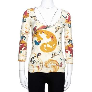 Pre Owned Just Cavalli Cream Butterfly Print Jersey Long Sleeves Top S