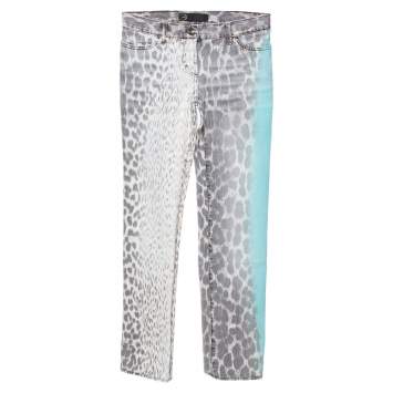 Pre Owned Just Cavalli Brown/Green Animal Print Light Wash Flared Bottom Jeans S