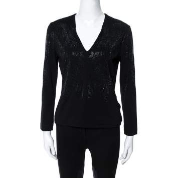 Pre Owned Just Cavalli Black Crystal Embellished Long Sleeve Top L