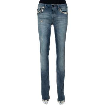 Pre Owned Just Cavalli Light Wash Denim Lace Trim Detail Straight Fit Jeans S