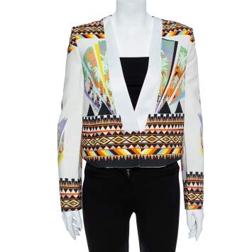 Pre Owned Just Cavalli Multicolor Abstract Nylon Blend Print Crop Top Blazer S