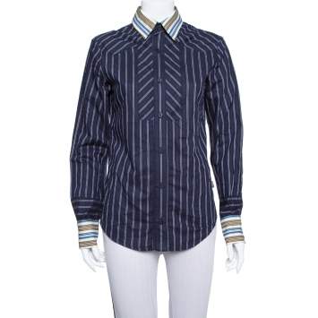 Pre Owned Just Cavalli Navy Blue Cotton Contrast Detail Button Front Shirt XS