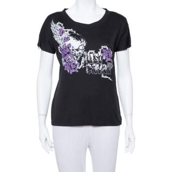 Pre Owned Just Cavalli Black Logo Printed Knit Zipper Detail T Shirt S