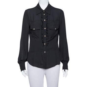 Pre Owned Just Cavalli Black Crepe Ruffle Detail Button Front Shirt L