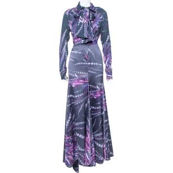Pre Owned Just Cavalli Navy Blue Abstract Printed Silk Top & Satin Maxi Skirt M