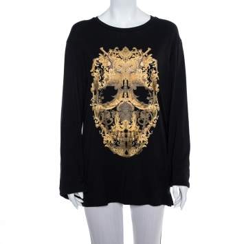 Pre Owned Just Cavalli Black Printed Cotton Long Sleeve Crewneck T Shirt XXL