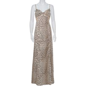 Pre Owned Just Cavalli Beige Animal Printed Satin Mesh Detail Maxi Dress L