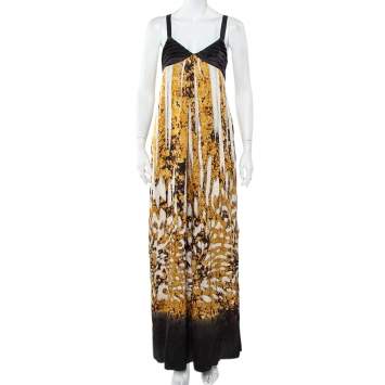 Pre Owned Just Cavalli Black & Gold Printed Silk Glittered Open Back Maxi Dress M