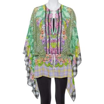 Pre Owned Just Cavalli Multicolor Printed Silk Waist Tie Detail Kaftan Tunic M