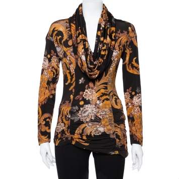 Pre Owned Just Cavalli Brown Printed Jersey Cowl Neck Asymmetrical Hem Top M
