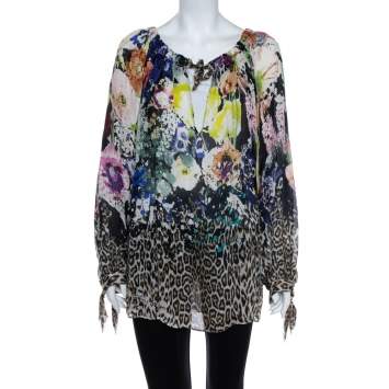 Pre Owned Just Cavalli Multicolor Floral & Animal Printed Silk Tunic M