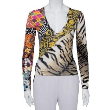 Pre Owned Just Cavalli Multicolor Multiprinted Knit V-Neck Top XS