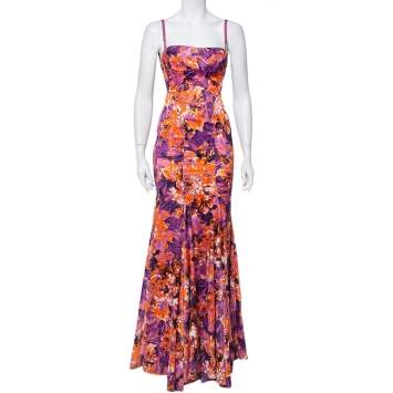 Pre Owned Just Cavalli Multicolor Printed Stretch Satin Bustier Maxi Dress S