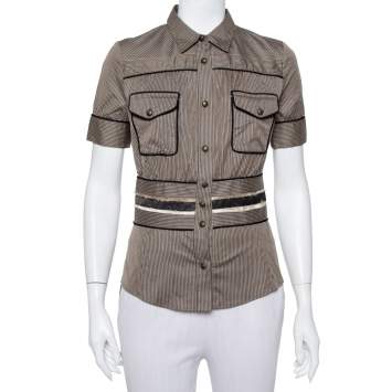 Pre Owned Just Cavalli Brown Striped Cotton Fitted Waist Detail Shirt S