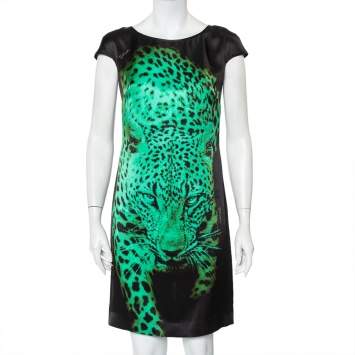 Pre Owned Just Cavalli Black Tiger Printed Silk Mini Dress S