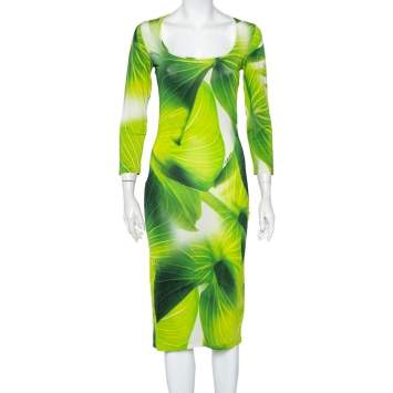 Pre Owned Just Cavalli Green Leaf Printed Knit Scoop Neck Sheath Dress M