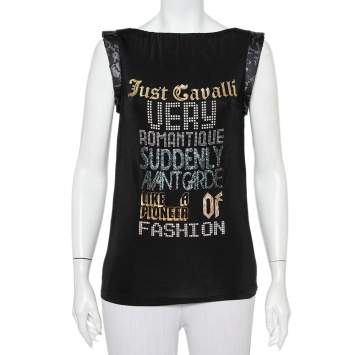 Pre Owned Just Cavalli Black Printed Jersey Puffed Armhole Detail T-Shirt S