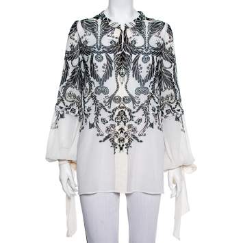 Pre Owned Just Cavalli Monochrome Printed Silk Sleeve Tie Detail Top M