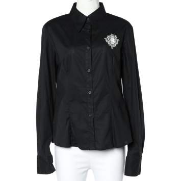 Pre Owned Just Cavalli Black Logo Print Cotton Long Sleeve Shirt L