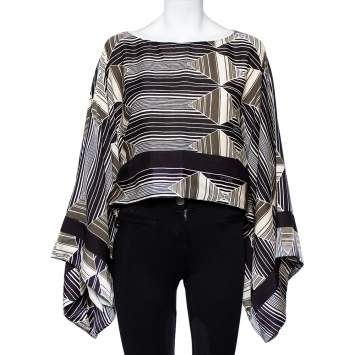 Pre Owned Just Cavalli Multicolor Geometric Printed Silk Stripe Detail Cropped Kaftan Top M 